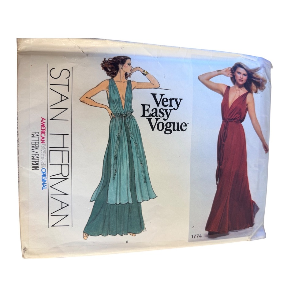 UNCUT Vogue Stan Herman 1774 Sewing Pattern Size 14 Maxi Dress 70s V-Neck Disco